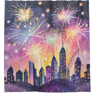 Happy New Year Fireworks City Night Watercolor Shower Curtain