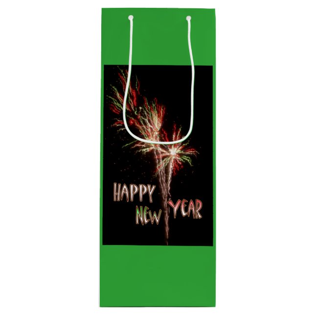Happy New Year Fireworks GREEN Wine Bag (Front)