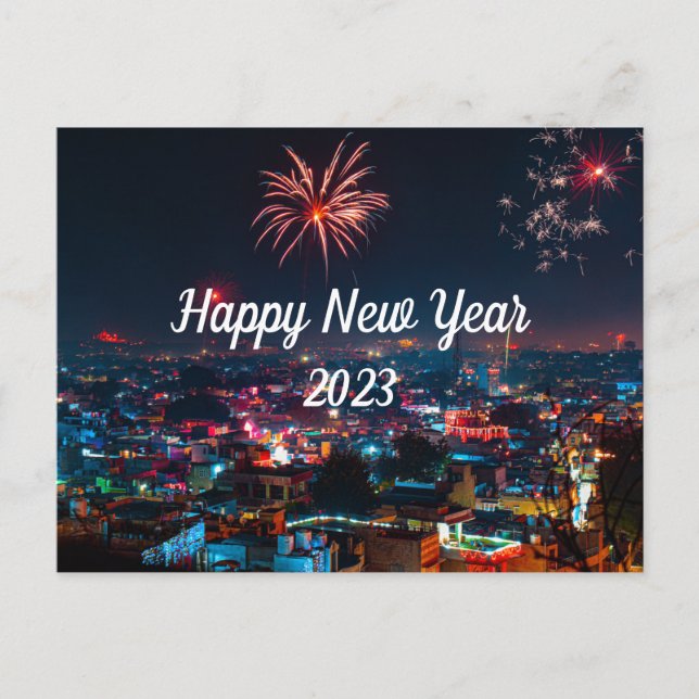 Happy New Year Fireworks in the City Postcard (Front)