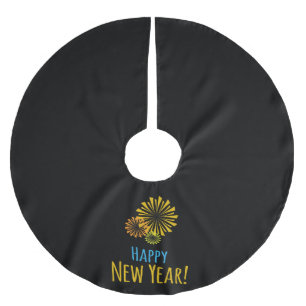 Happy New Year Fireworks on Black Brushed Polyester Tree Skirt