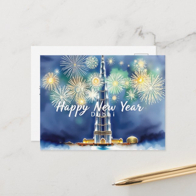 Happy New Year Fireworks Over Dubais Skyline Postcard (Front/Back In Situ)