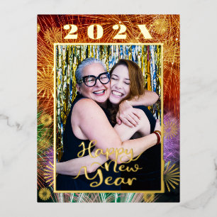 Happy New Year Fireworks Photo Foil Holiday Card