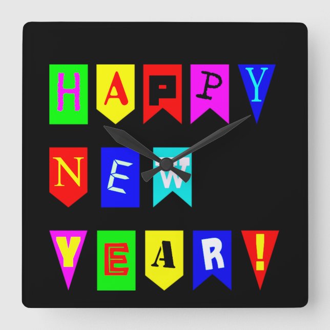 Happy New Year Flags Square Wall Clock (Front)