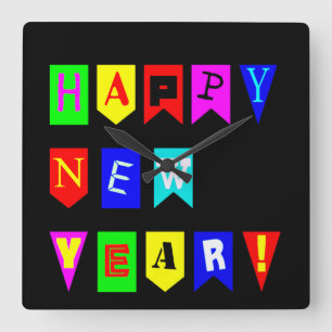 Happy New Year Flags Square Wall Clock