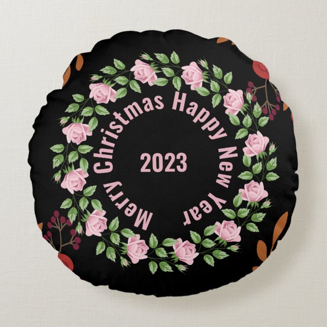 Happy New Year Floral Round Pillow (Front)