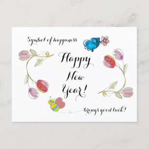Happy New Year Flowers and Symbol of Happiness Postcard