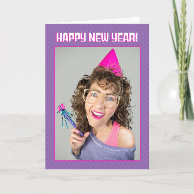 Happy New Year For Anyone 80s Big Hair Funny Woman Holiday Card (Front)