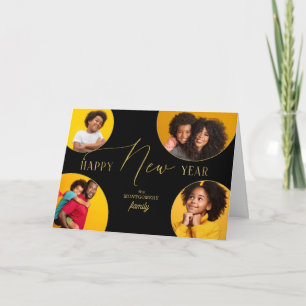 Happy New Year Four Photo Faux Gold Leaf Holiday Card