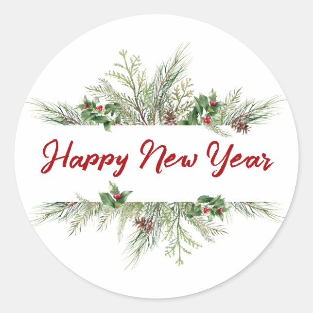 Happy New Year Framed Winter Wheath Greeting Classic Round Sticker (Front)