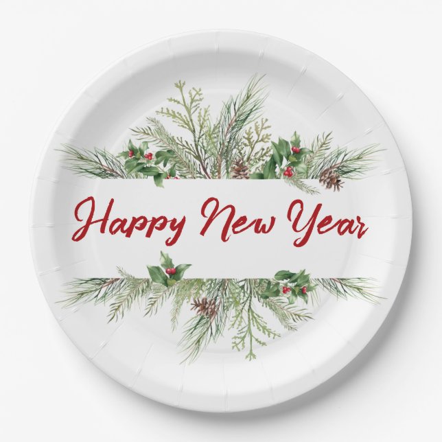 Happy New Year Framed Winter Wheath Greeting Paper Plate (Front)