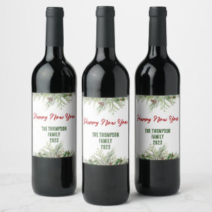 Happy New Year Framed Winter Wheath Greeting  Wine Label