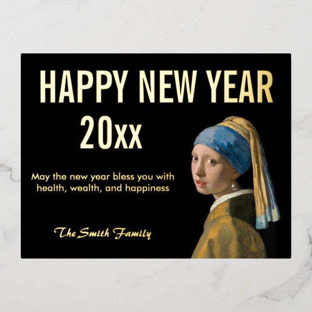 Happy New Year from Girl with a Pearl Earring Foil Holiday Postcard (Front)