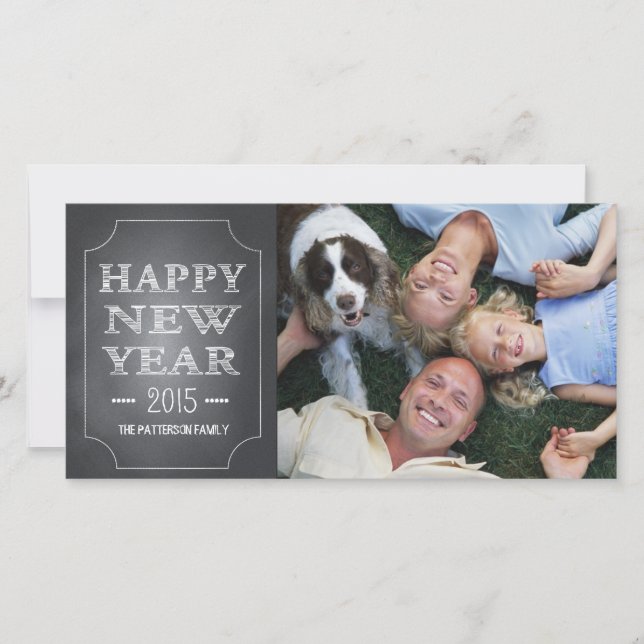 Happy New Year Fun Black Chalkboard Photo Card (Front)