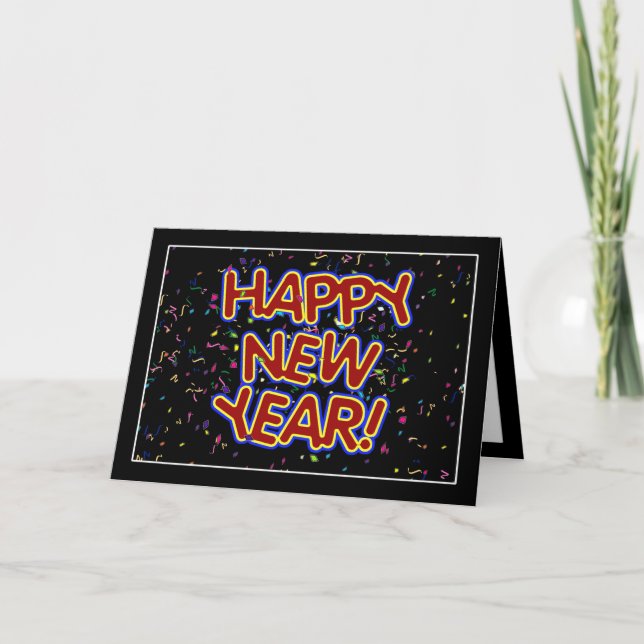 Happy New Year - Fun Red Text With Confetti Holiday Card (Front)