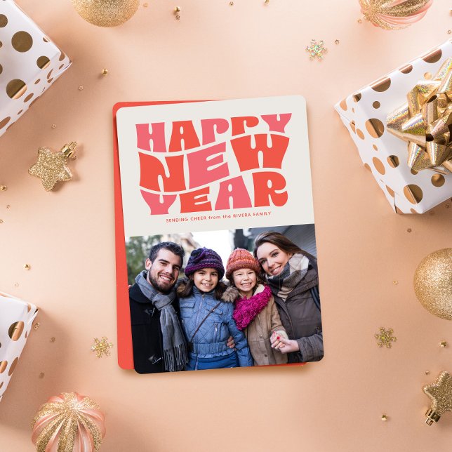 Happy New Year funky fun retro red photo Holiday Card (Creator Uploaded)