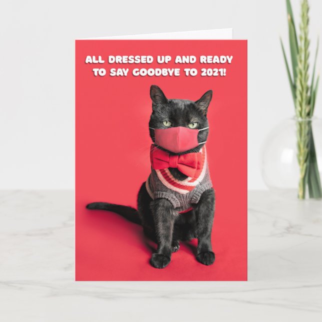 Happy New Year Funny Cat in Face Mask Humour Holid Holiday Card (Front)