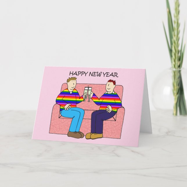 Happy New Year Gay Male Couple Holiday Card (Front)