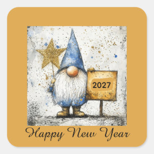Happy New Year Gnome, 2027, Square Sticker
