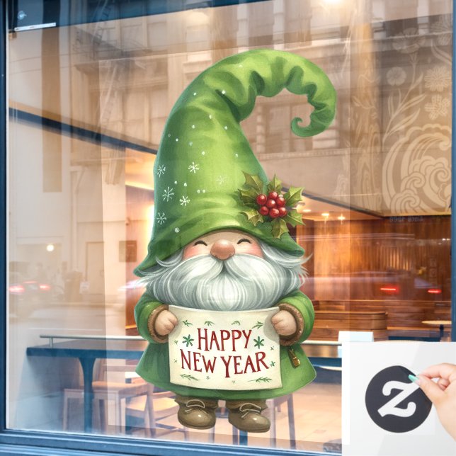 Happy New Year Gnome Window Cling (Cafe Window)