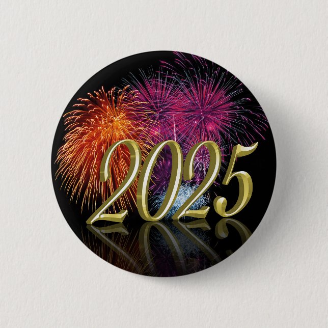 Happy New Year Gold 2025 Fireworks 6 Cm Round Badge (Front)