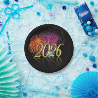 Happy New Year Gold 2026 Colorful Fireworks Paper Plate