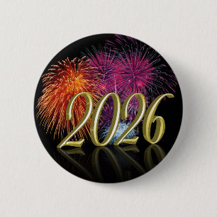 Happy New Year Gold 2026 Fireworks Button
