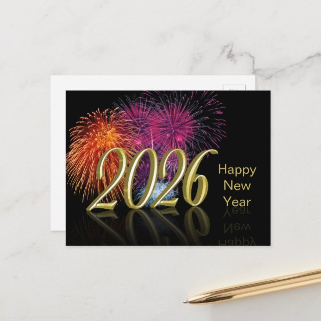Happy New Year Gold 2026 Fireworks Holiday Postcard (Front/Back In Situ)