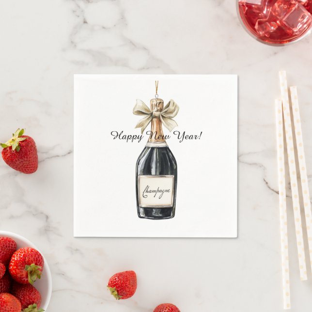 Happy New Year Gold Black Champagne Bottle Napkin (Insitu)