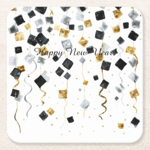 Happy New Year Gold Black Confetti Square Paper Coaster