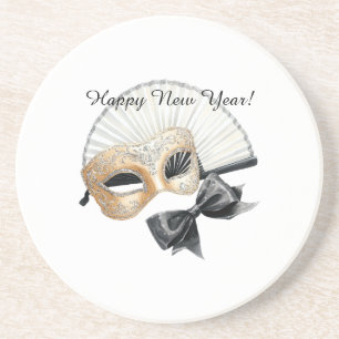 Happy New Year Gold Black Mask Coaster