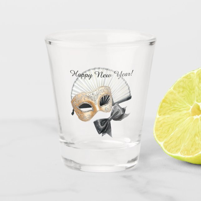 Happy New Year Gold Black Mask Shot Glass (Front)
