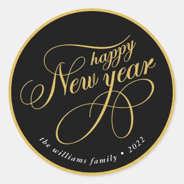 Happy New Year Gold & Black Typography  Classic Round Sticker (Front)