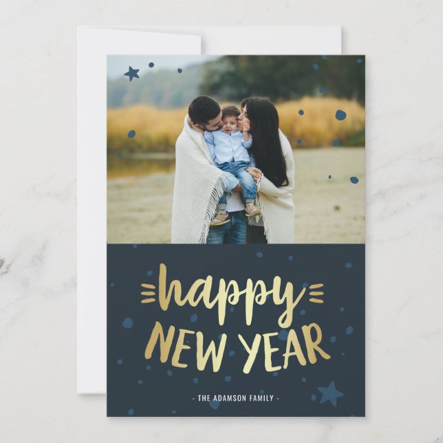 Happy New Year | Gold & Blue New Year Photo Holiday Card (Front)