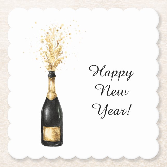 Happy New Year Gold Bottle Paper Coaster (Front)