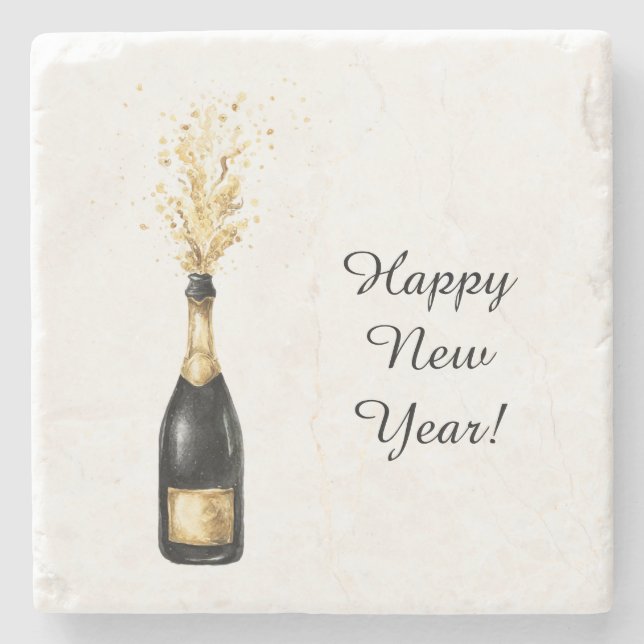 Happy New Year Gold Bottle Stone Coaster (Front)