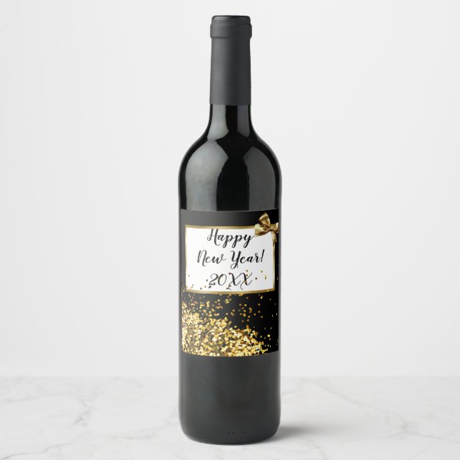 Happy New Year Gold Confetti and Bow Wine Label (Front)