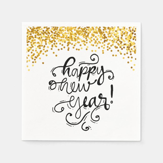 Happy New Year Gold Confetti Holiday Napkin (Front)