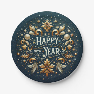 Happy New Year Gold Flourish Festive Paper Plate