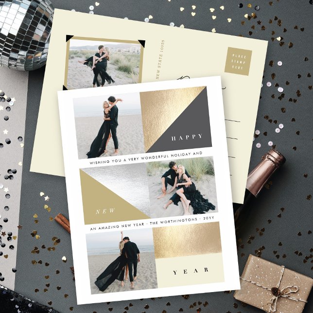 Happy New Year Gold Foil Blocks Stylish 3 Photo Holiday Postcard (Creator Uploaded)