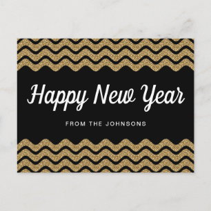 Happy New Year Gold Glitter Black Chevron Stripes Holiday Postcard
