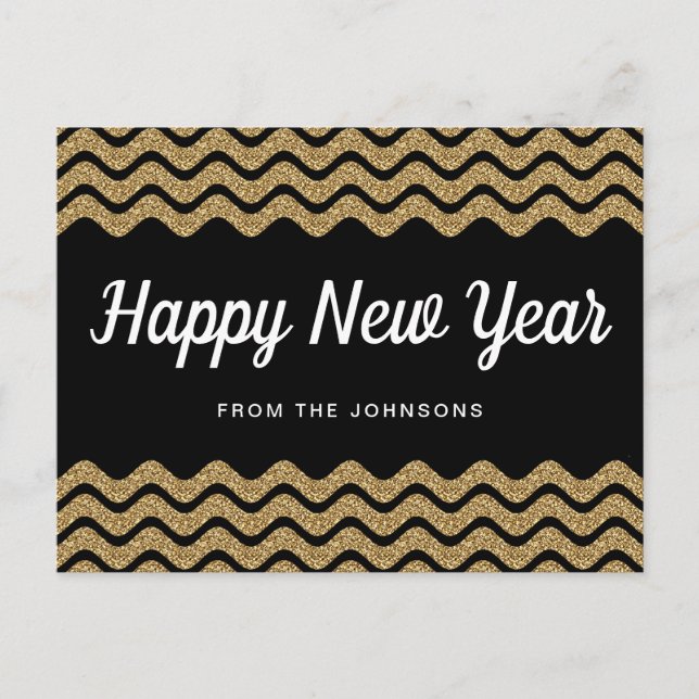 Happy New Year Gold Glitter Black Chevron Stripes Holiday Postcard (Front)