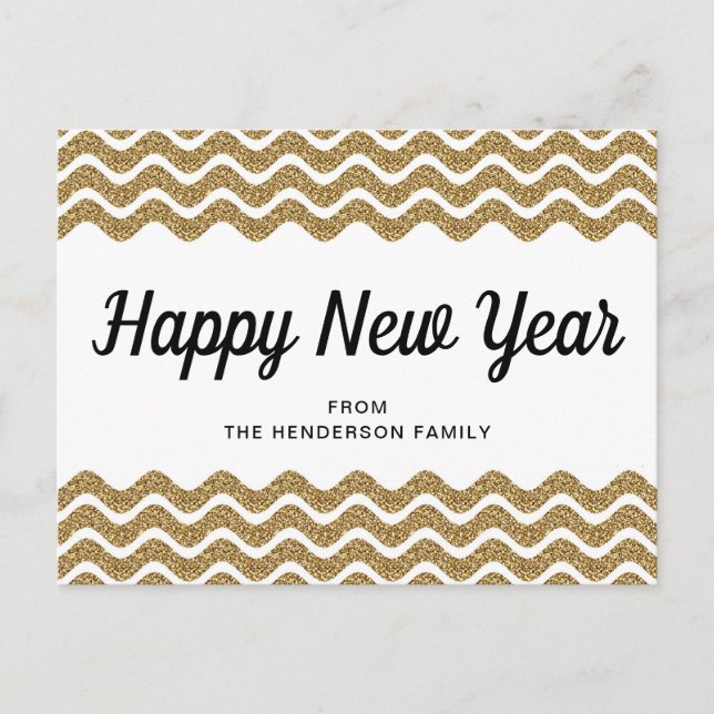 Happy New Year Gold Glitter Chevron Stripes Postcard (Front)