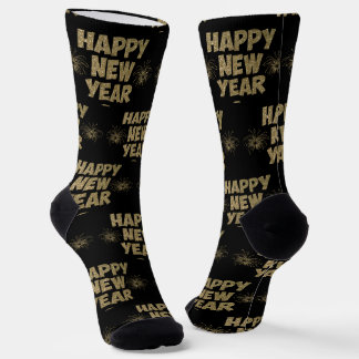 Happy New Year Gold Glitter on Black Socks