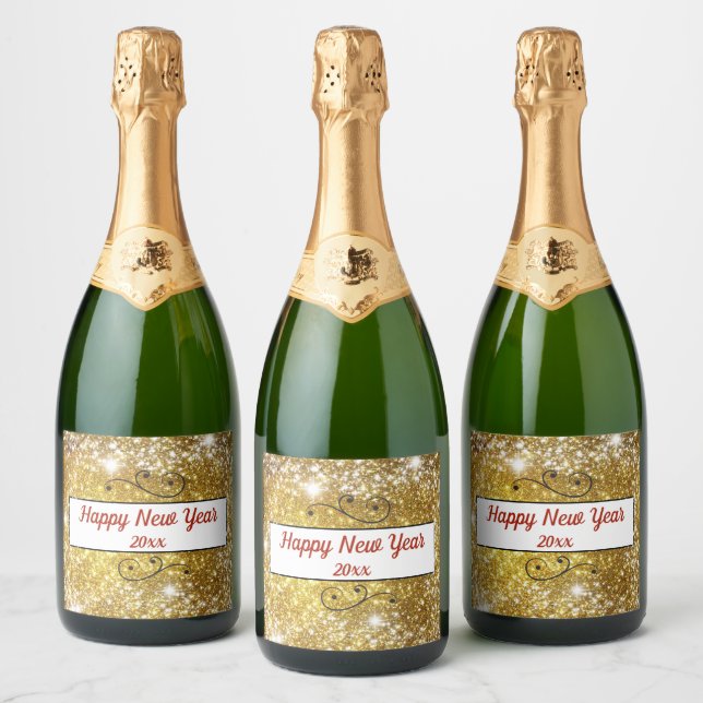 Happy New Year Gold Glitter Sparkle Stars Sparkling Wine Label (Bottles)