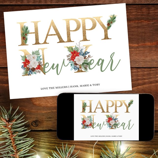 Happy New Year Gold Green Poinsettia and Pine Holiday Card (Happy New Year holiday card available professionally printed or as printable digital download)