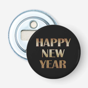 Happy New Year Gold Metallic Text Image Bottle Opener