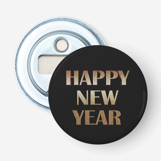 Happy New Year Gold Metallic Text Image Bottle Opener (Front)