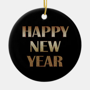 Happy New Year Gold Metallic Text Image Ceramic Tree Decoration