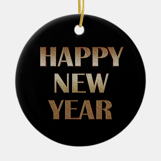Happy New Year Gold Metallic Text Image Ceramic Tree Decoration (Front)
