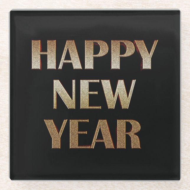 Happy New Year Gold Metallic Text Image Glass Coaster (Front)